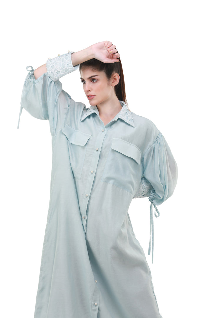 Eva Cut-Through Balloon Sleeve Shirt Dress