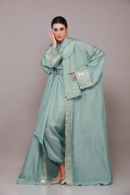 JAWAHARA OVERCOAT ABAYA WITH DRAPED CO-ORD & SHYLA