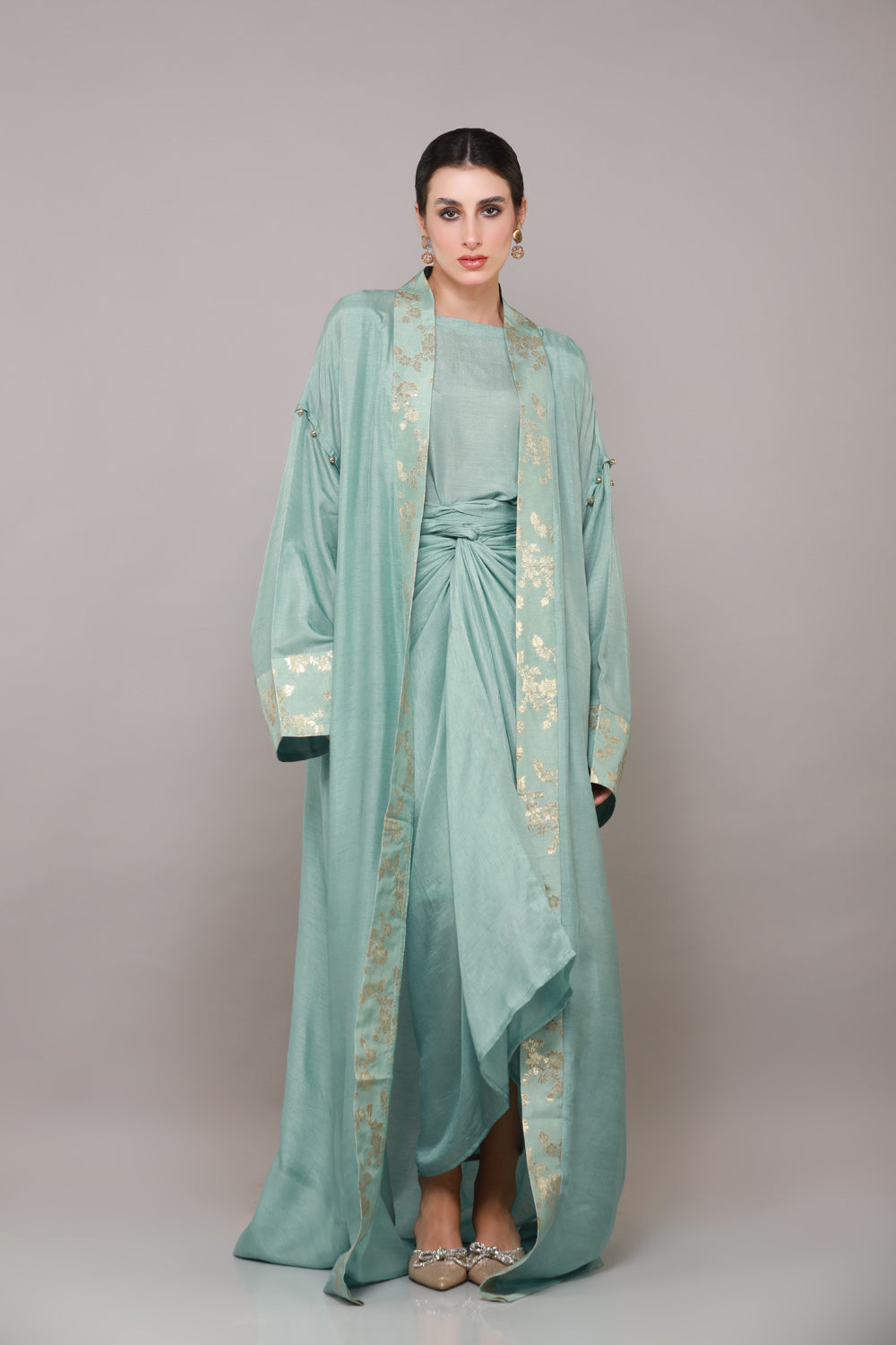 JAWAHARA OVERCOAT ABAYA WITH DRAPED CO-ORD & SHYLA